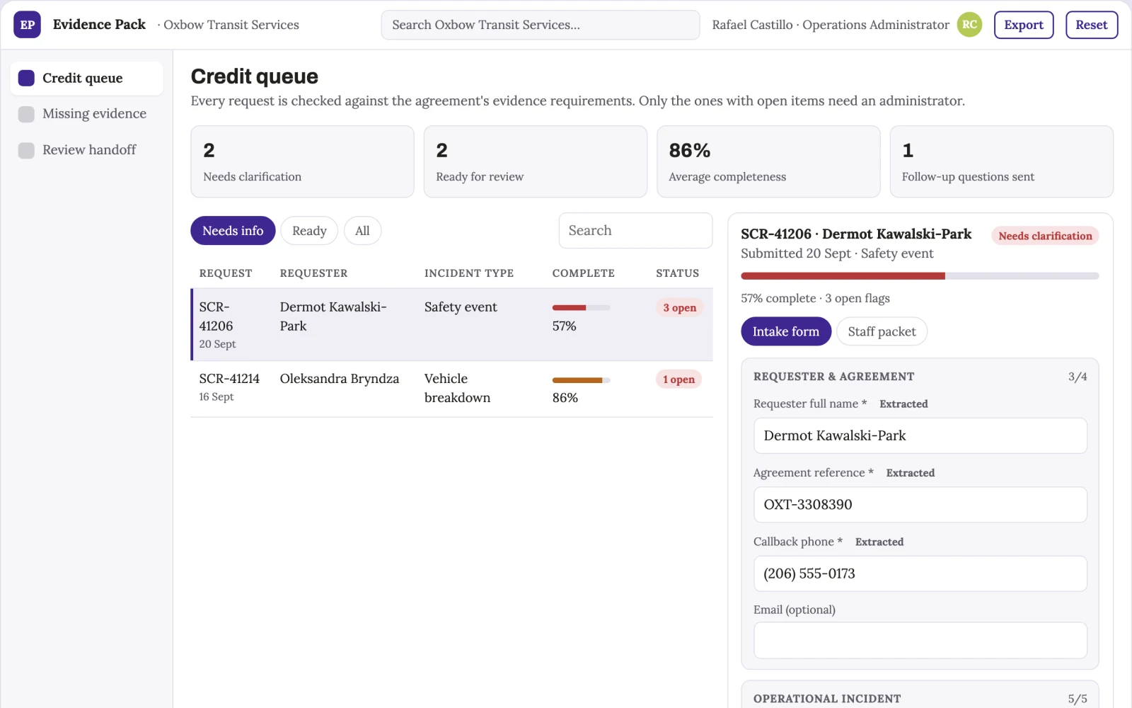 Screenshot of the Operational service credit evidence pack interactive demo