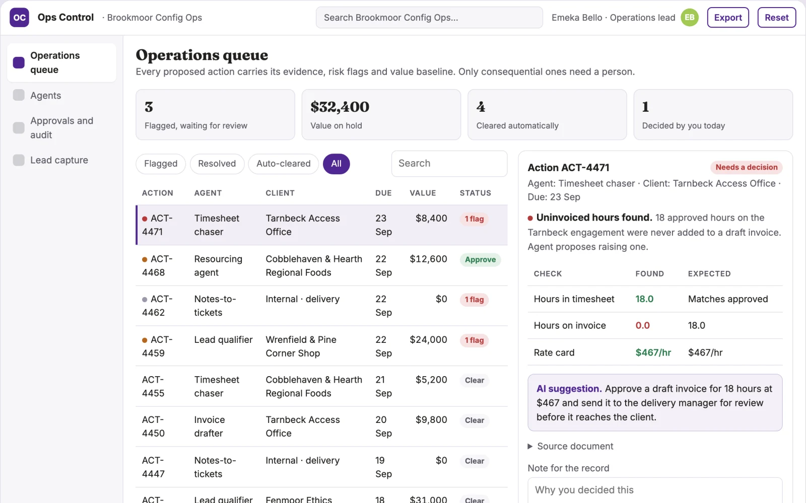 Screenshot of the Operations agent orchestration control room interactive demo