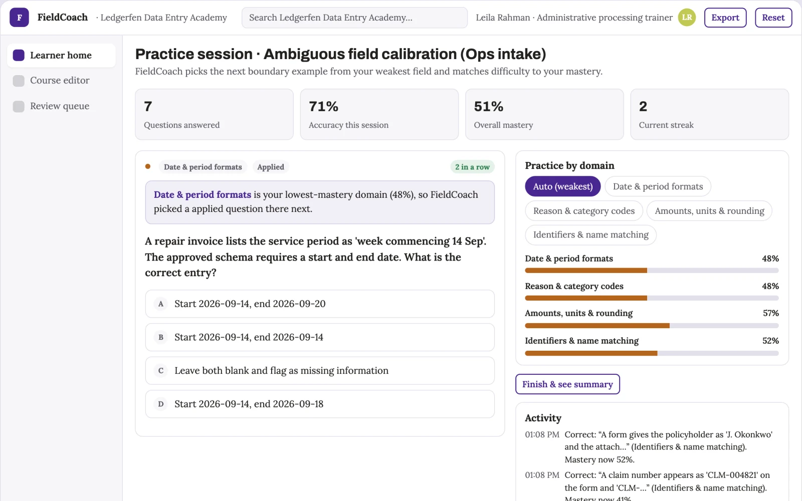 Screenshot of the Operations data-entry ambiguity coach interactive demo