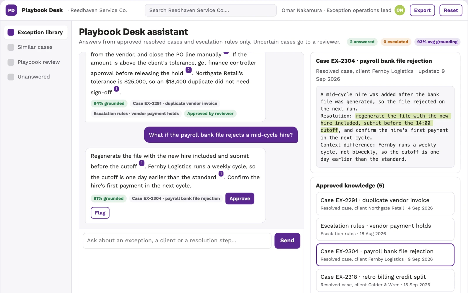 Screenshot of the Operations exception playbook learner interactive demo