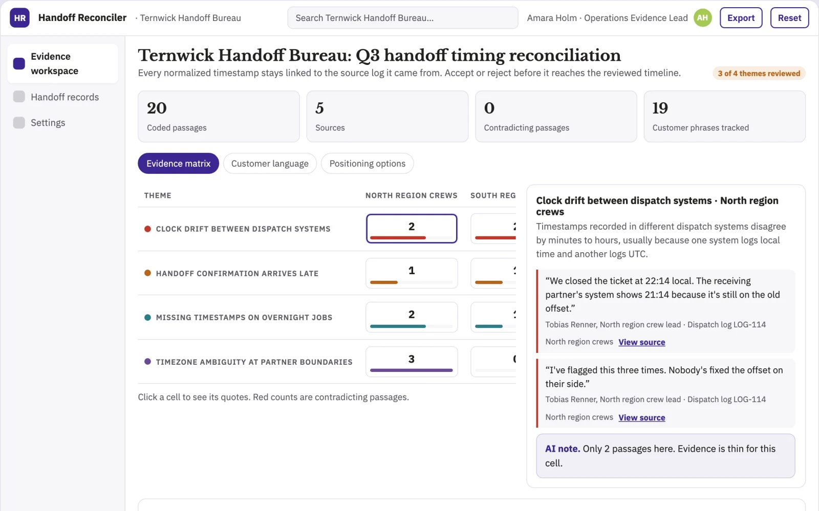 Screenshot of the Operations handoff timestamp reconciler interactive demo
