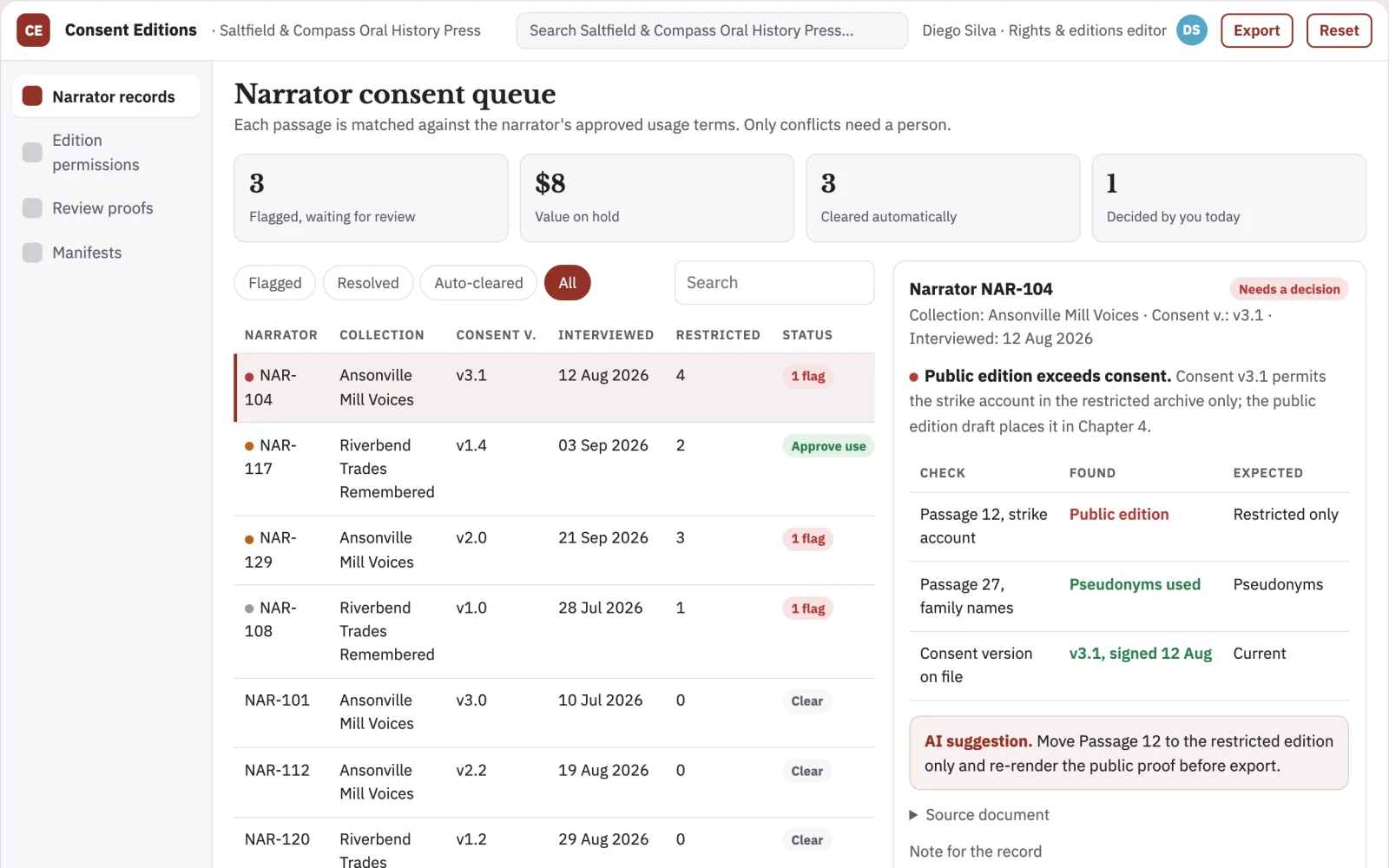 Screenshot of the Oral-history consent edition manager interactive demo