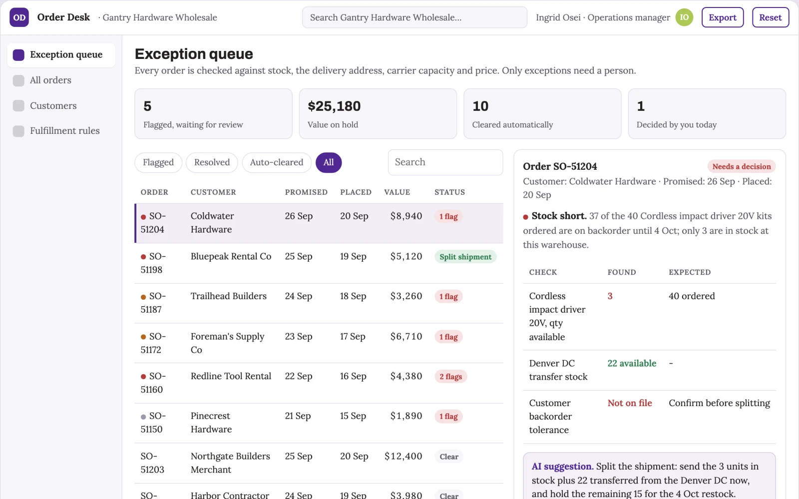 Demo screen of Order exception coordinator