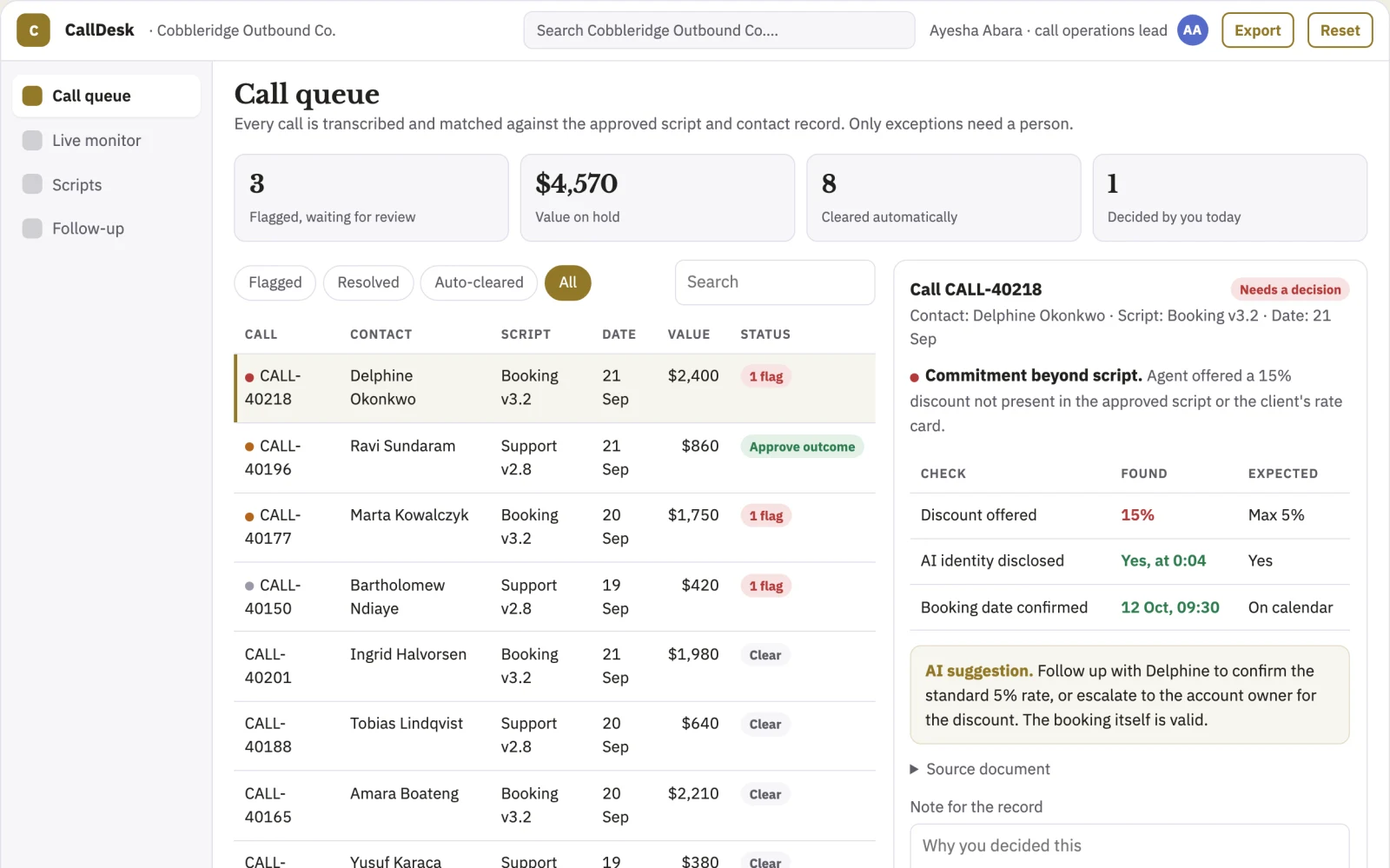 Screenshot of the Outbound and inbound call operations desk interactive demo