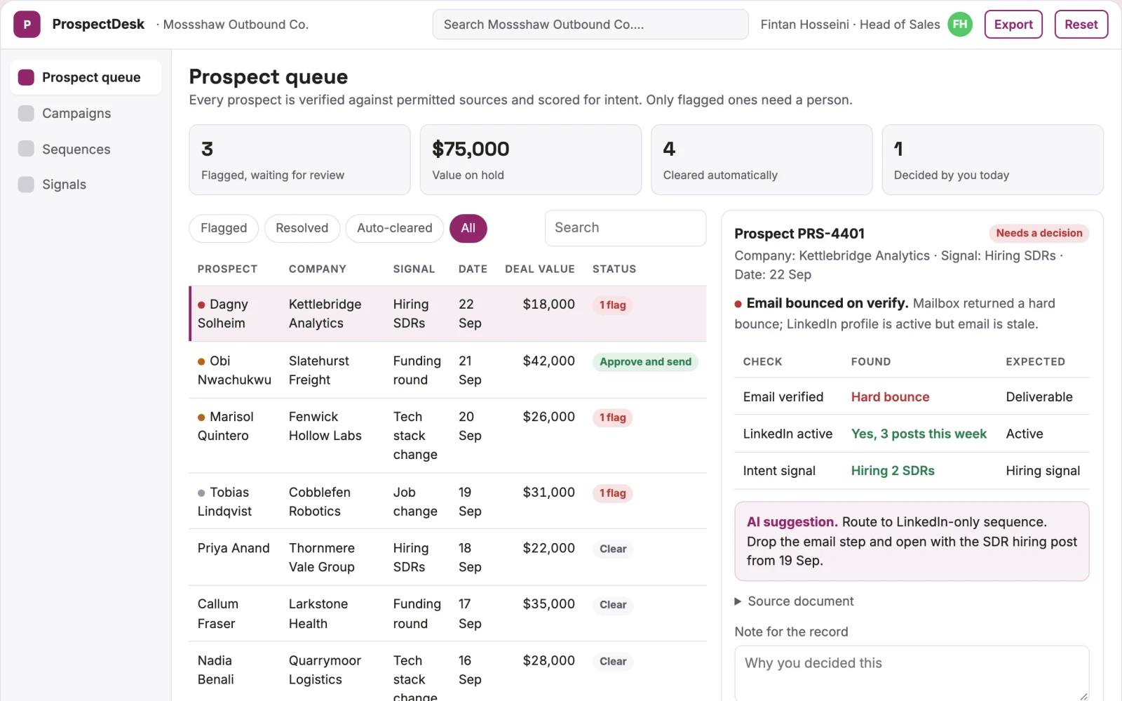 Screenshot of the Outbound prospecting and meeting booking portal interactive demo
