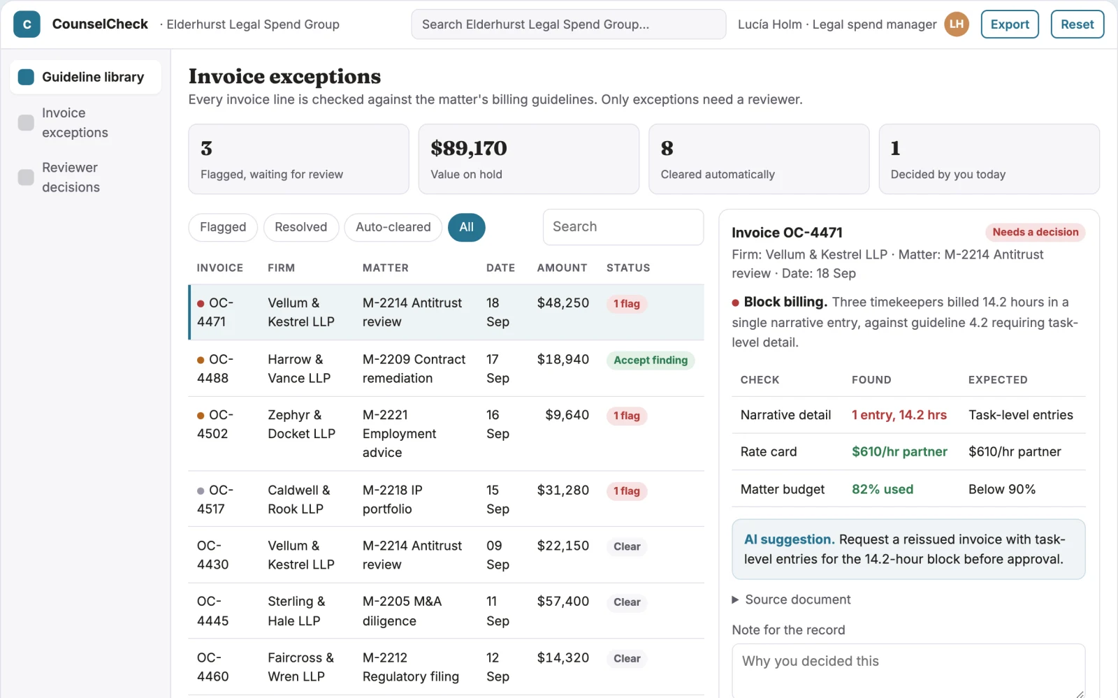 Screenshot of the Outside counsel guideline checker interactive demo