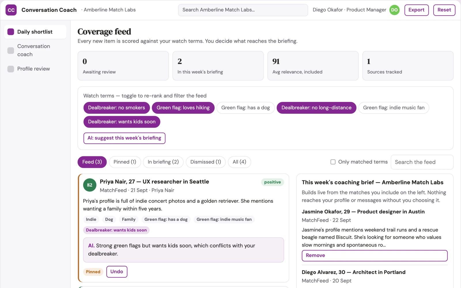 Demo screen of Dating Conversation Coach
