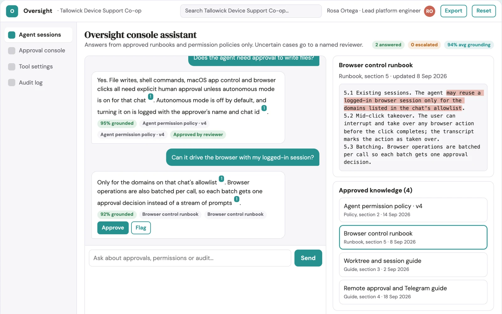 Screenshot of the Oversight-first local Mac agent console interactive demo