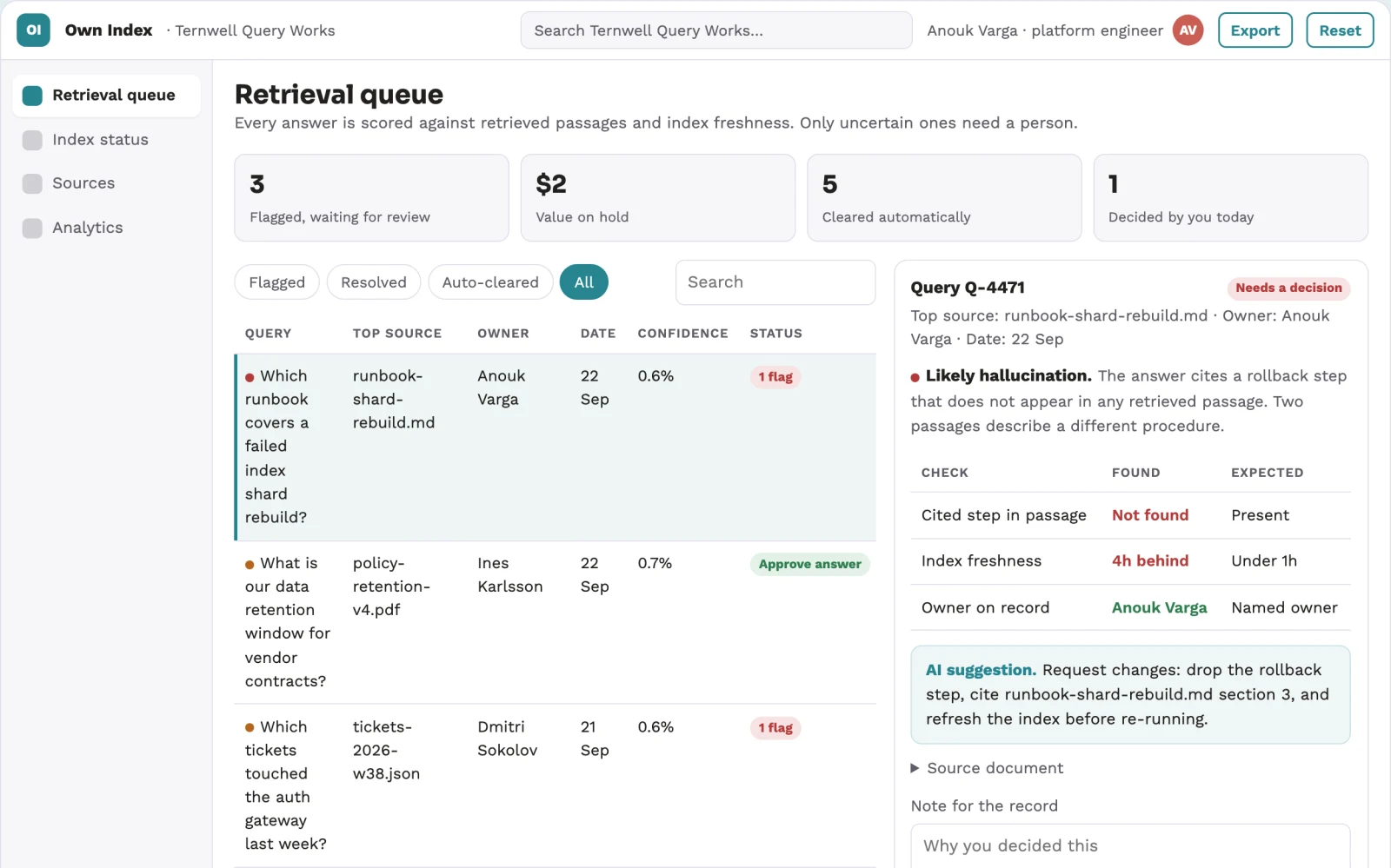 Screenshot of the Own-data AI search and retrieval console interactive demo