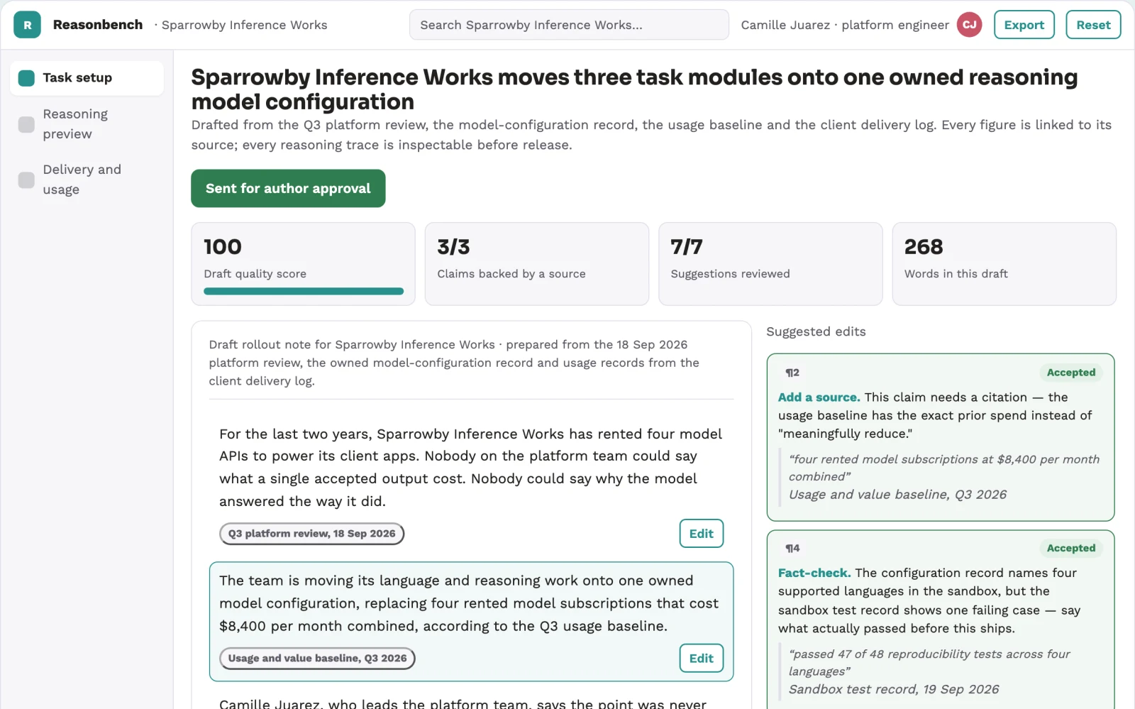 Screenshot of the Owned reasoning model service workbench interactive demo