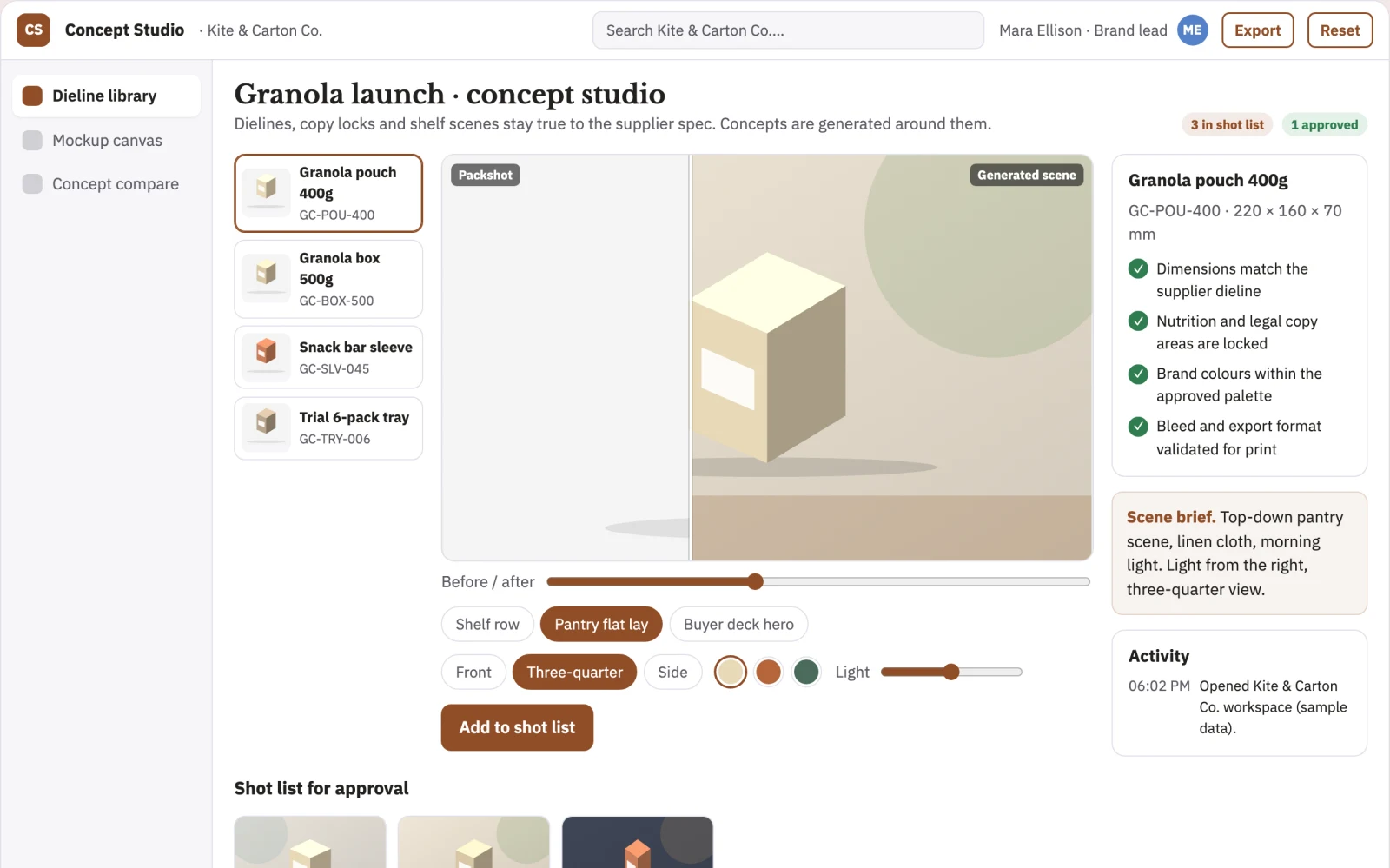 Demo screen of Packaging concept studio