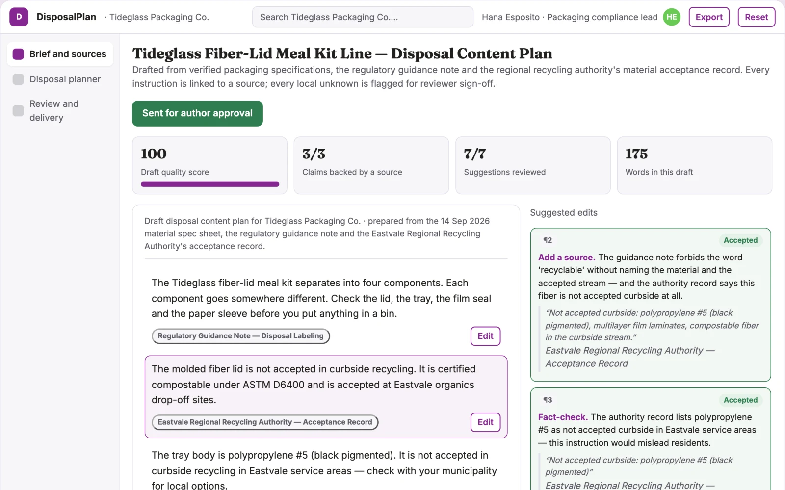 Screenshot of the Packaging disposal information planner interactive demo