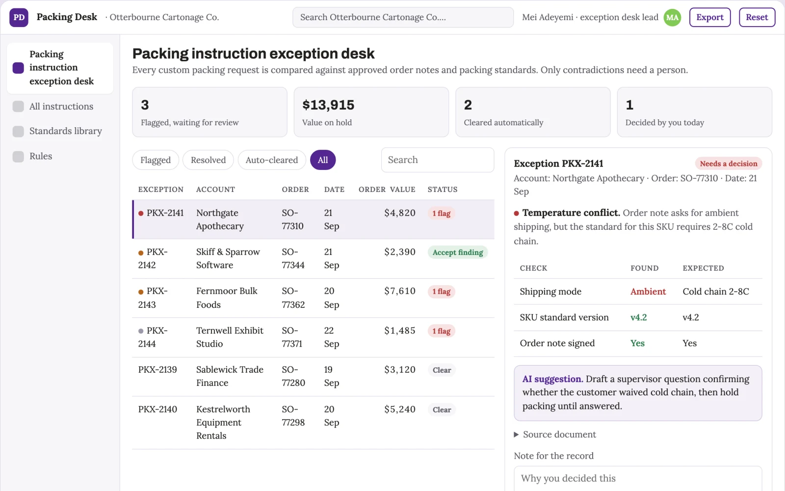 Screenshot of the Packing instruction exception desk interactive demo