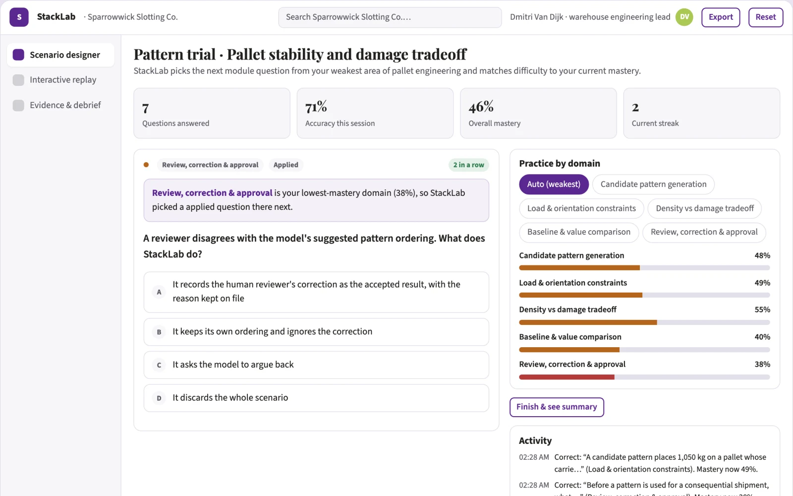 Screenshot of the Pallet stability and damage tradeoff sandbox interactive demo