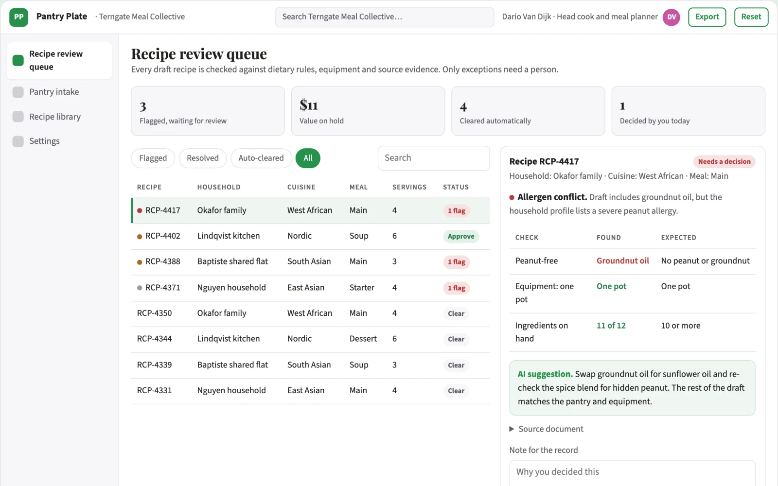 Screenshot of the Pantry-to-plate recipe library and data stewardship console interactive demo