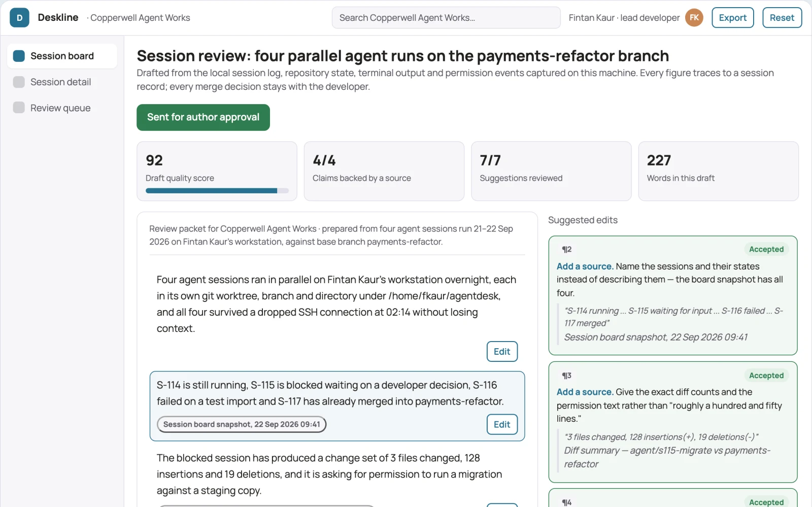 Screenshot of the Parallel coding agent session control desk interactive demo