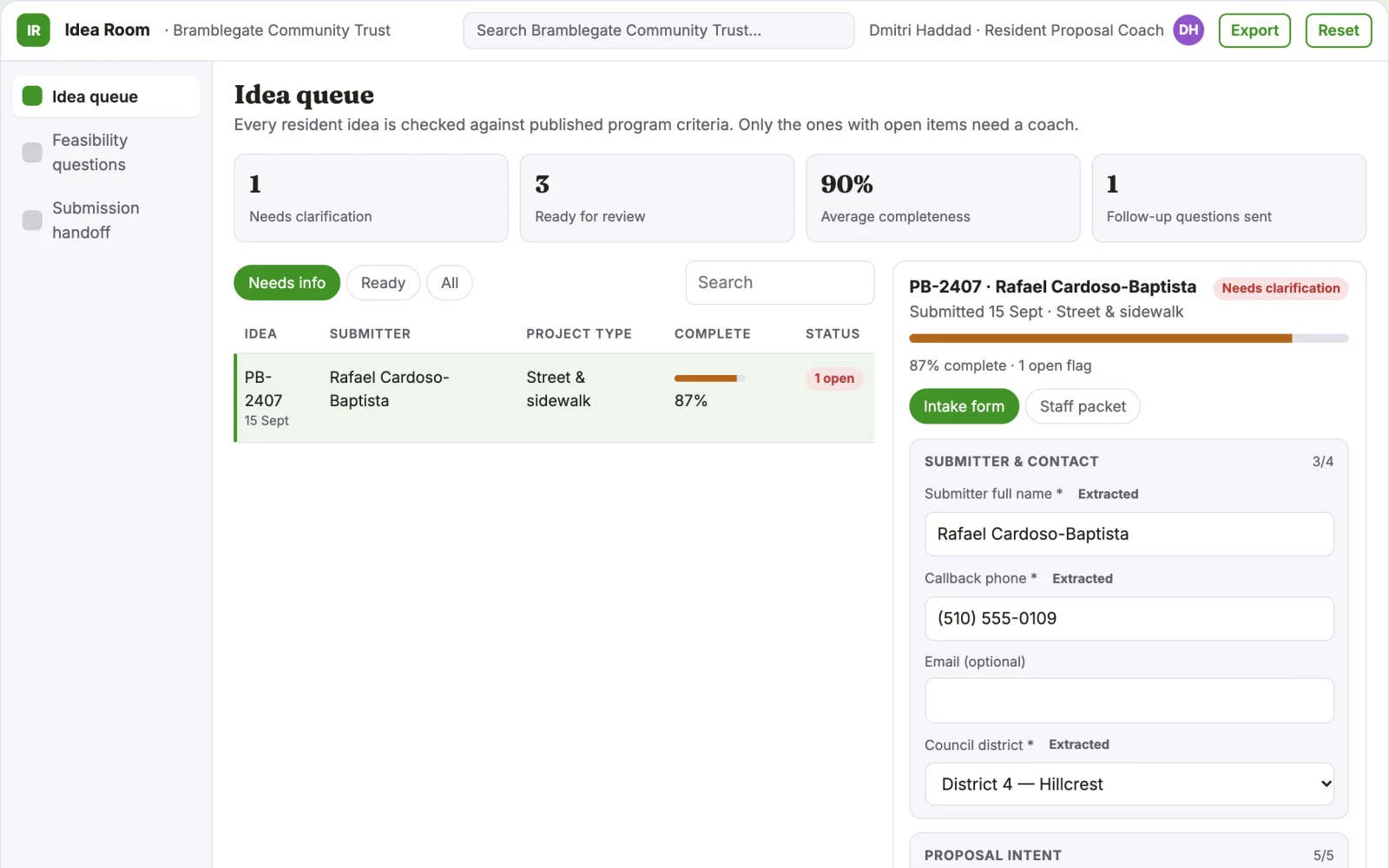 Screenshot of the Participatory budget proposal coach interactive demo