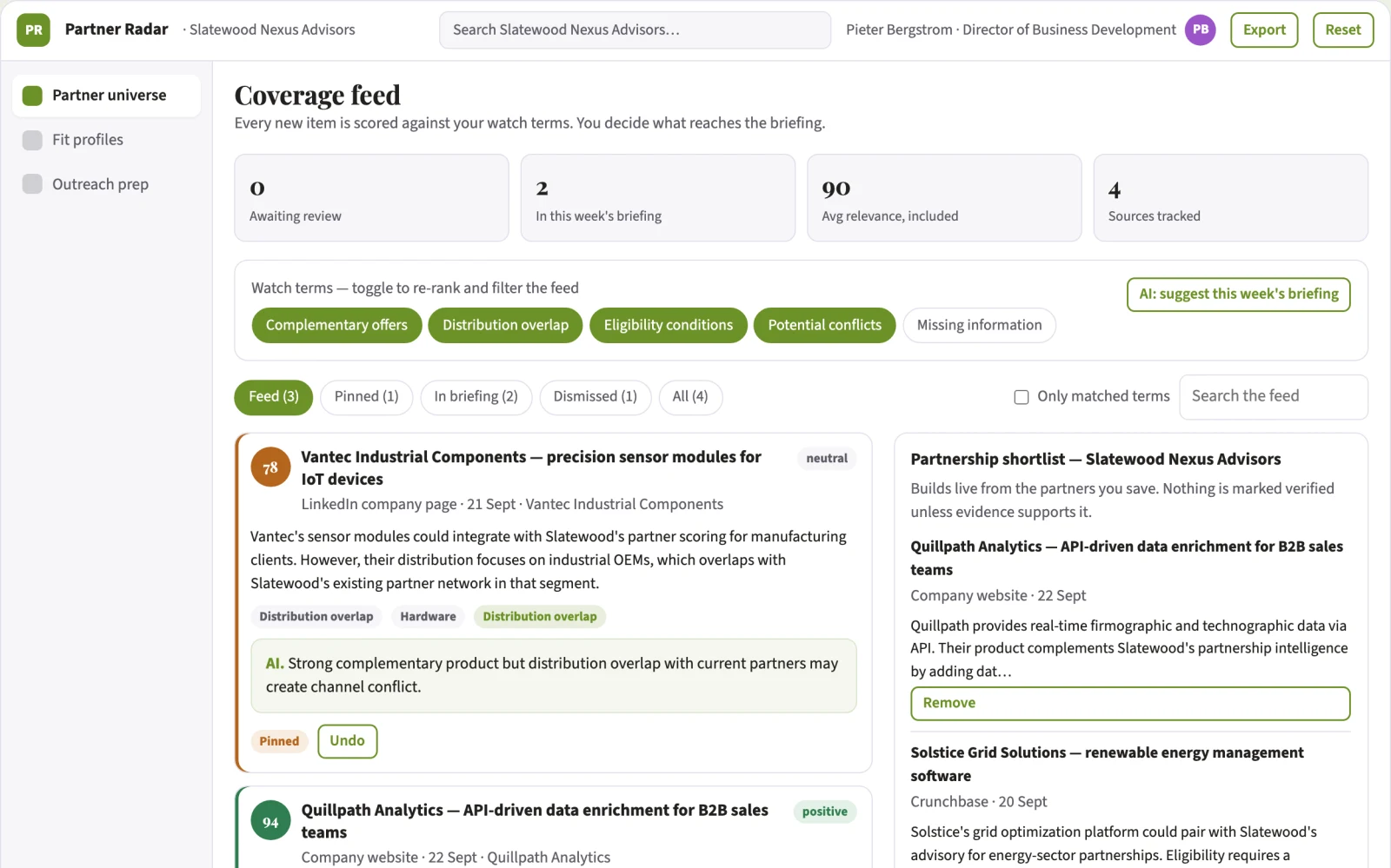 Demo screen of Partnership discovery service