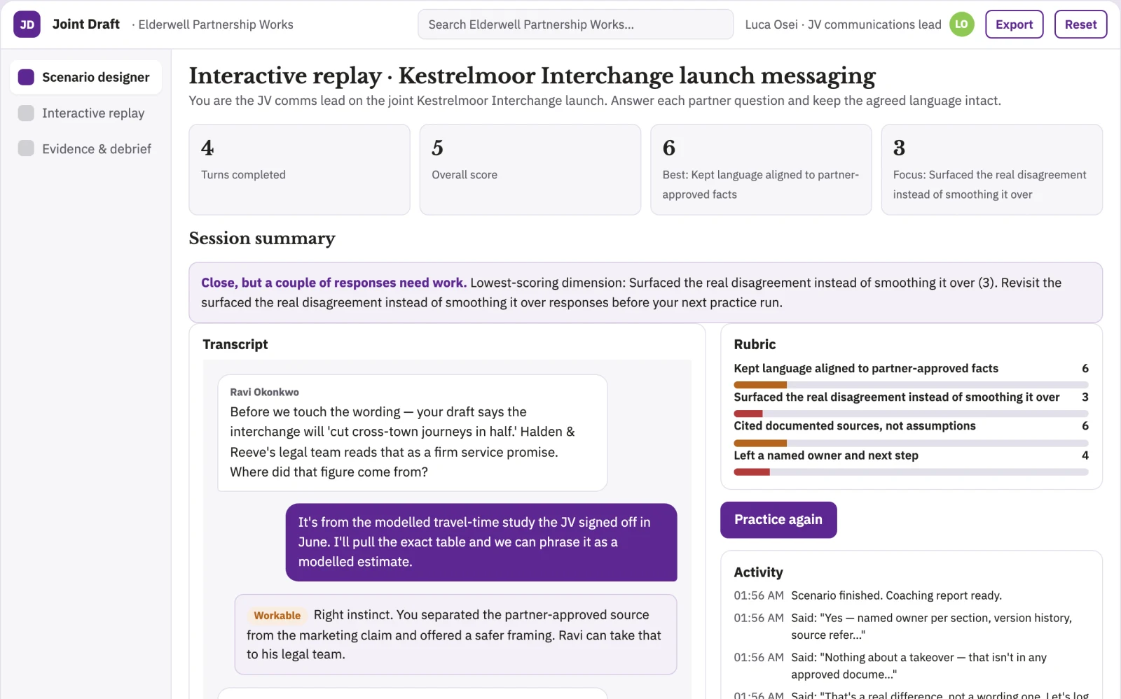 Screenshot of the Partnership message disagreement workshop interactive demo