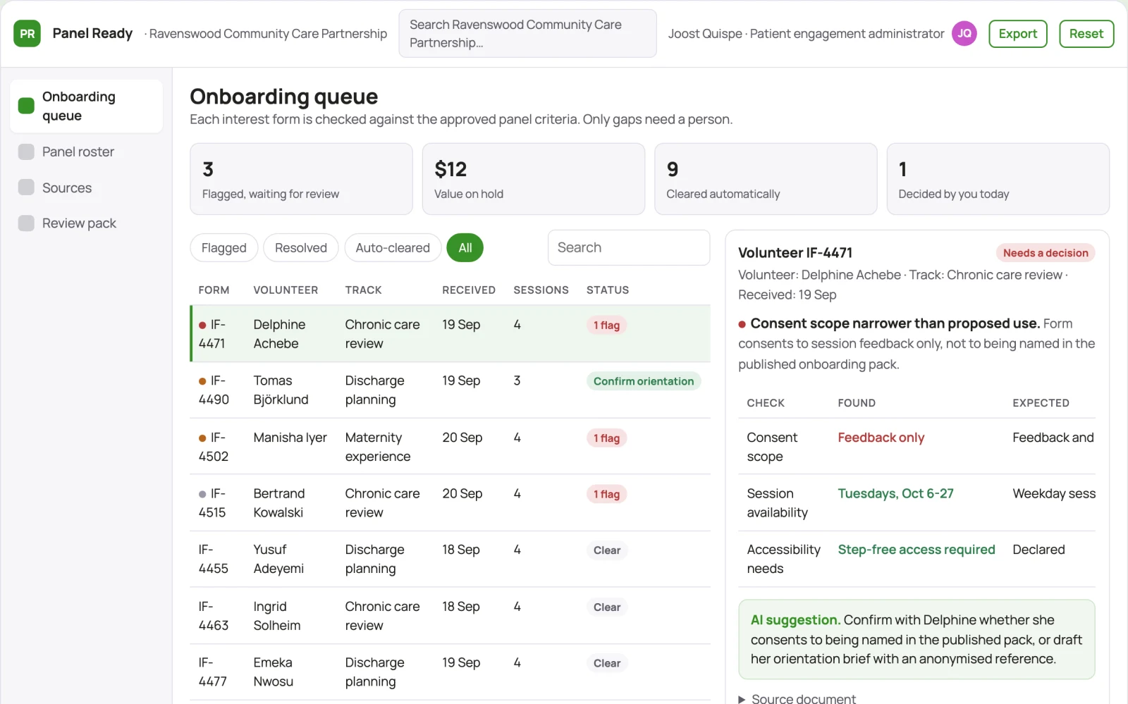 Screenshot of the Patient advisory recruitment logistics interactive demo