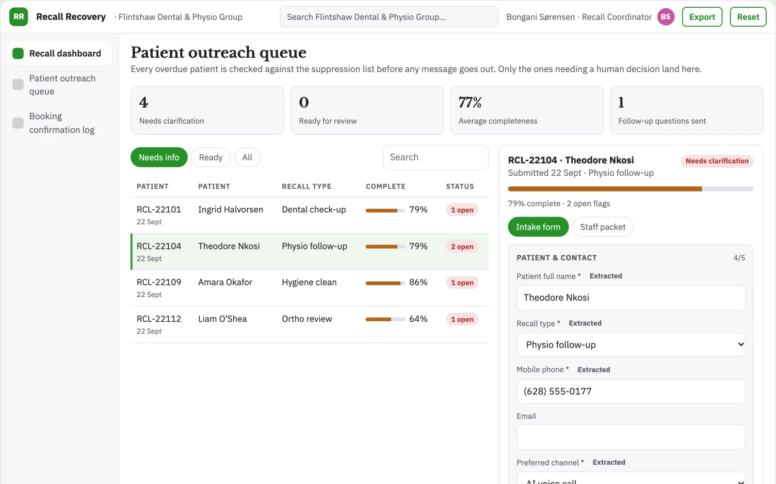 Demo screen of Recall List Recovery