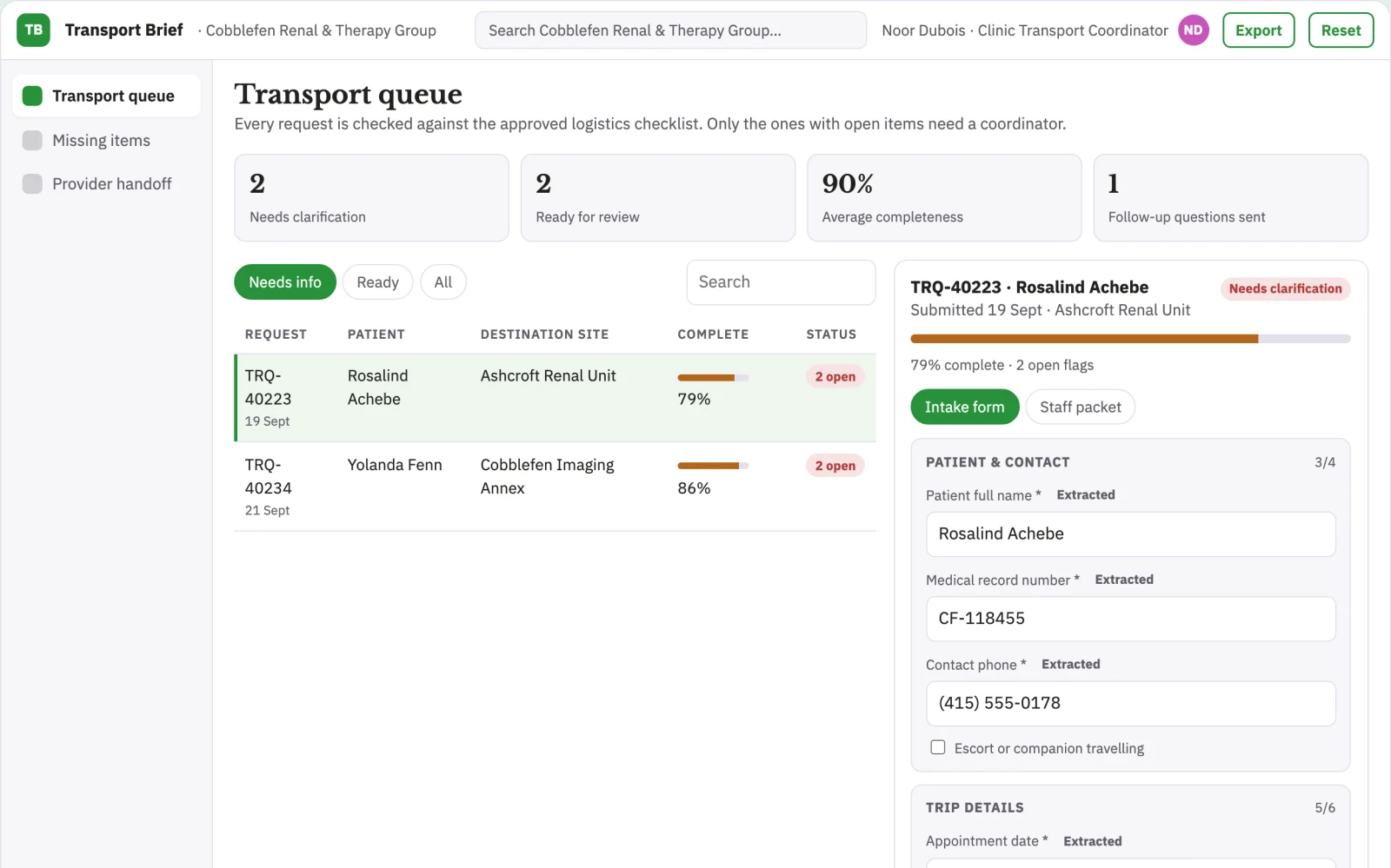 Screenshot of the Patient transport coordination brief interactive demo
