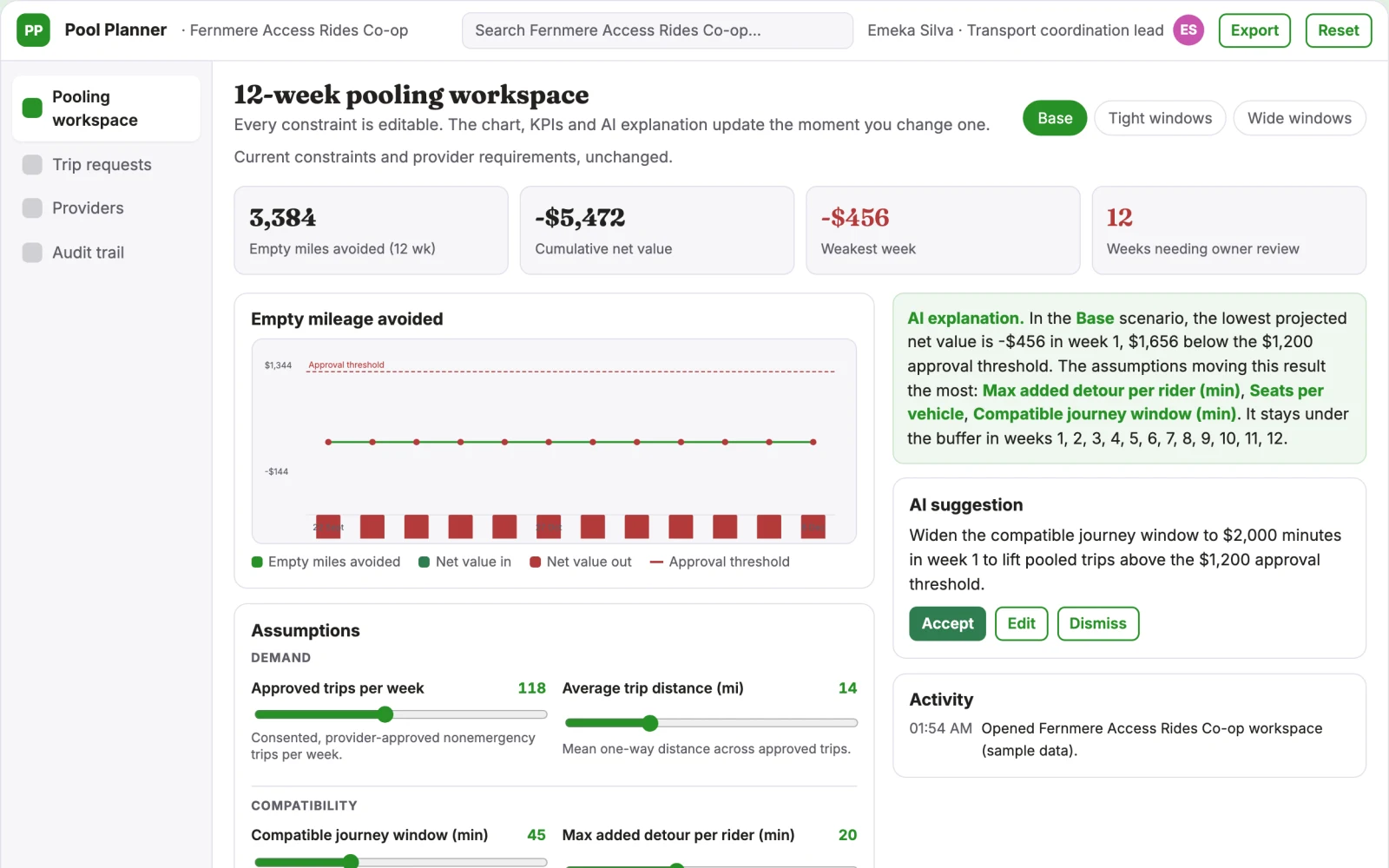 Screenshot of the Patient transport pooling planner interactive demo