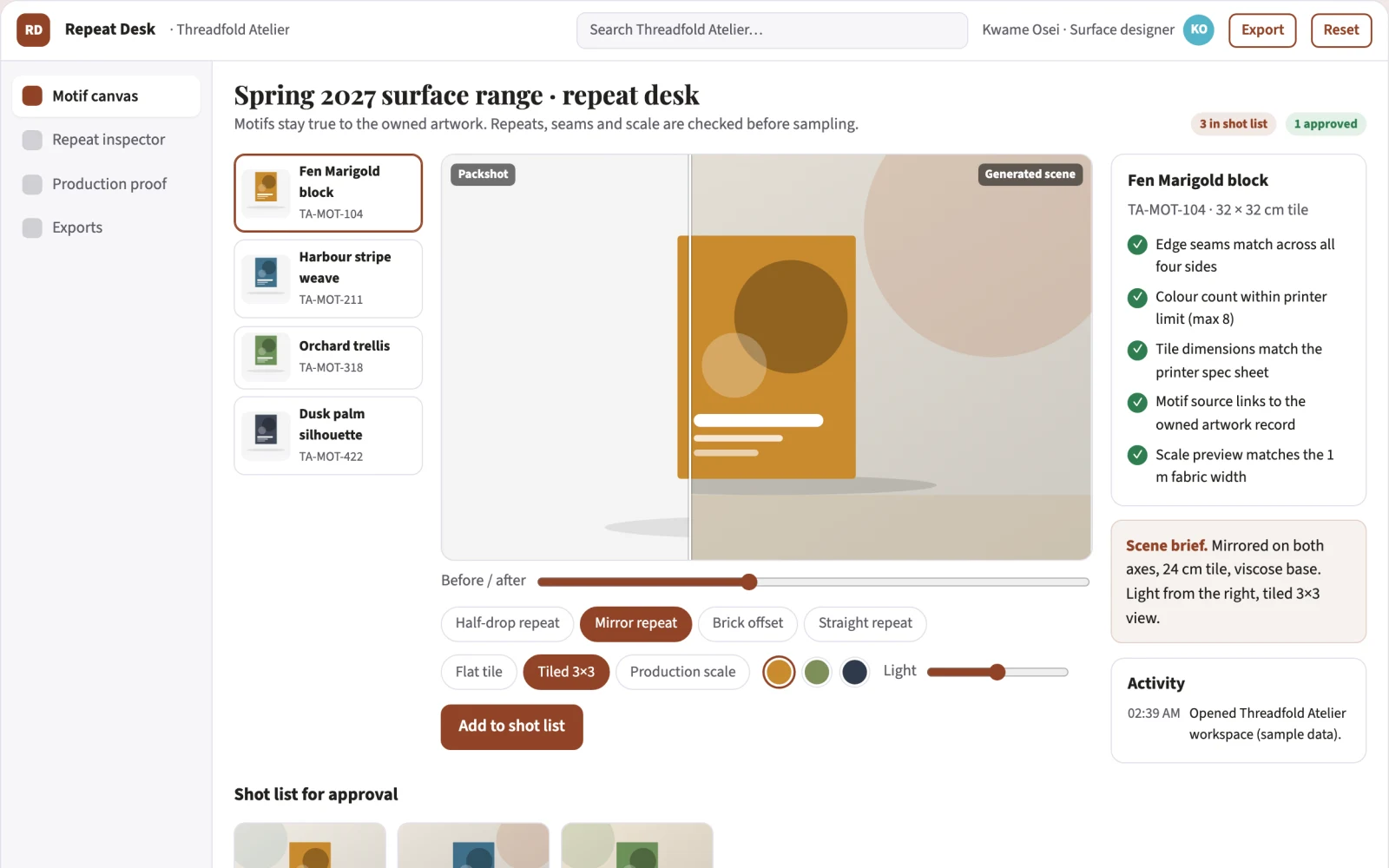 Screenshot of the Pattern repeat engineering desk interactive demo
