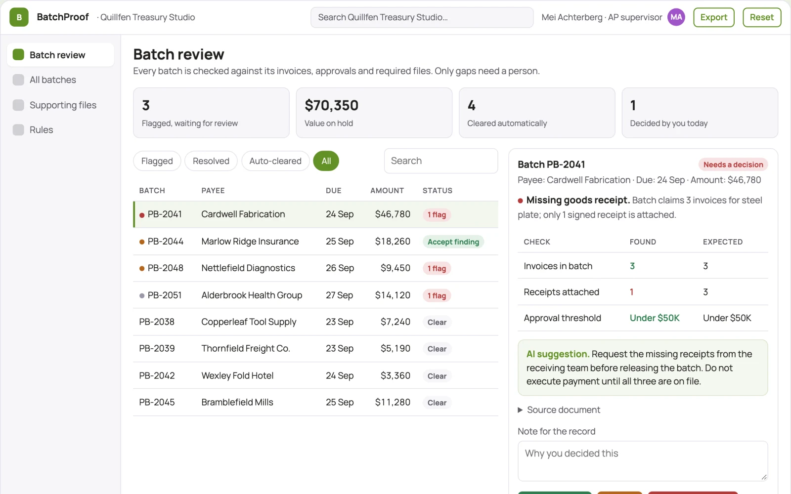 Screenshot of the Payment batch supporting-file checker interactive demo
