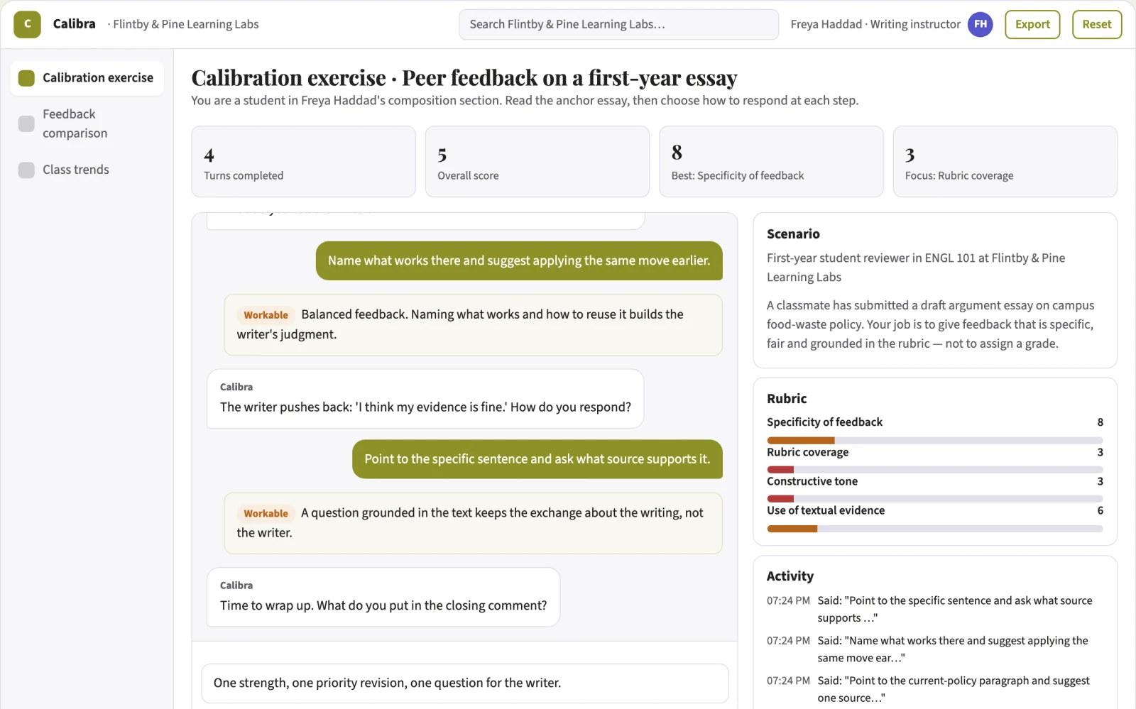 Screenshot of the Peer review calibration classroom interactive demo