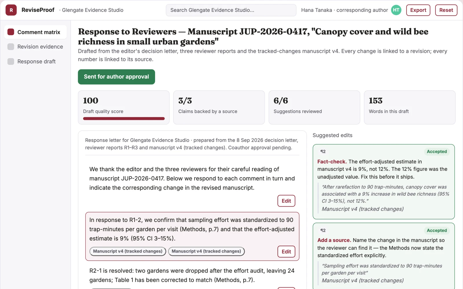 Screenshot of the Peer-review response evidence planner interactive demo