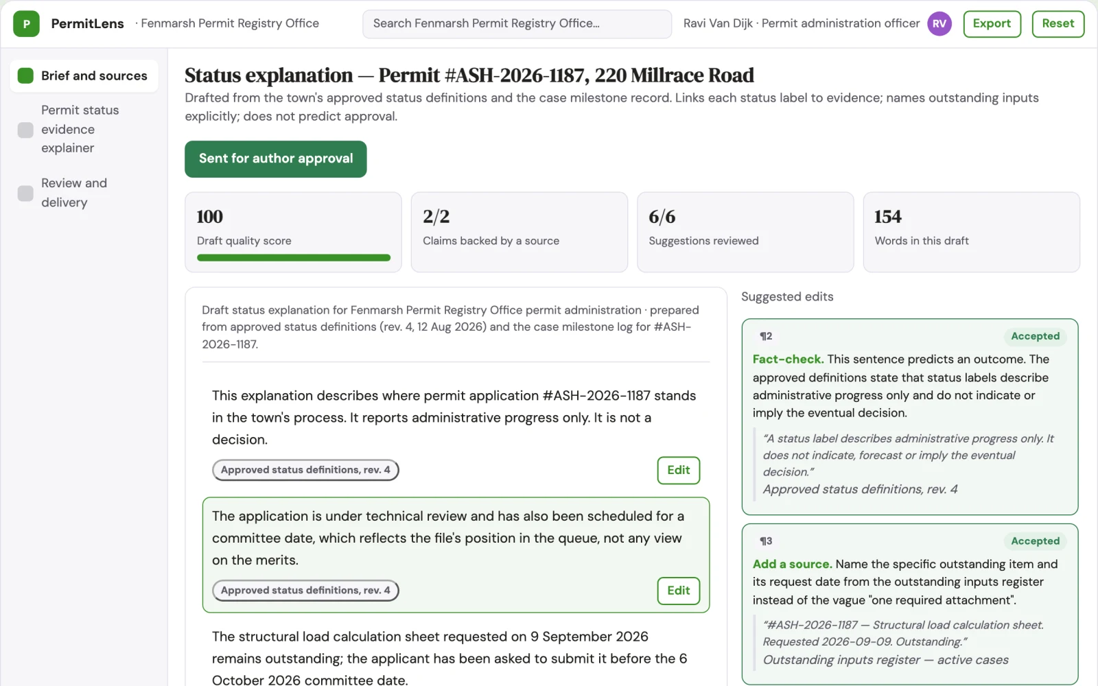Screenshot of the Permit status evidence explainer interactive demo