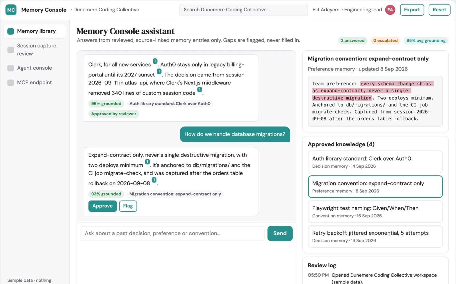 Screenshot of the Persistent coding-agent memory console interactive demo
