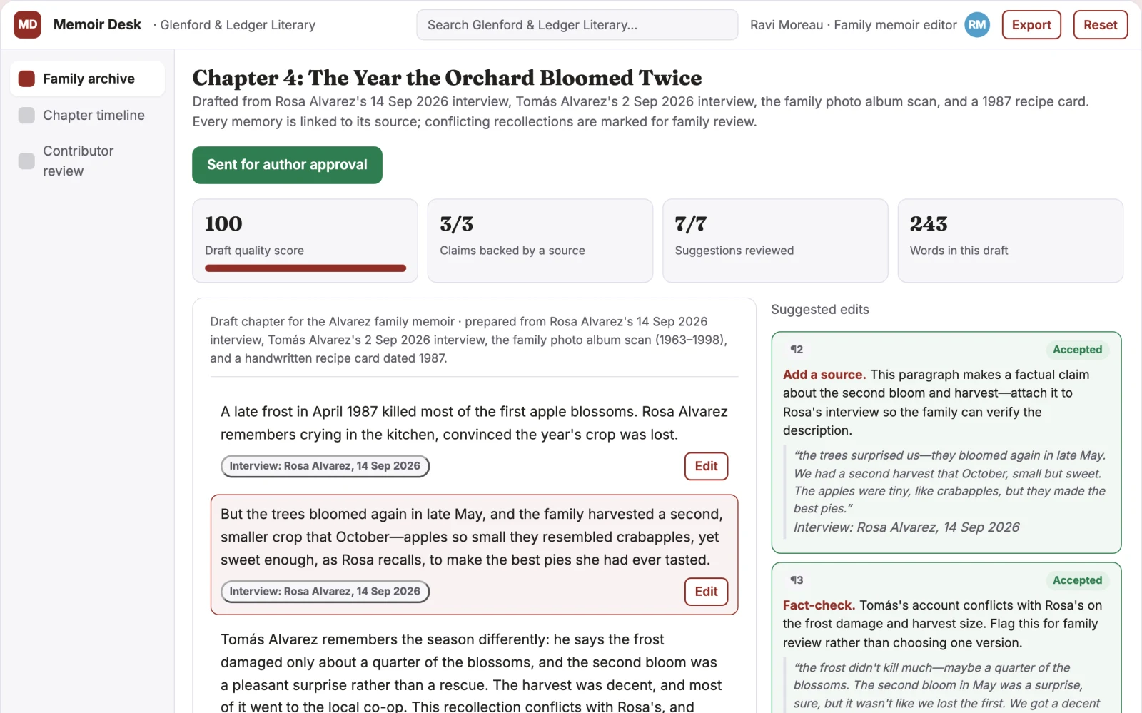 Demo screen of Personal history publishing