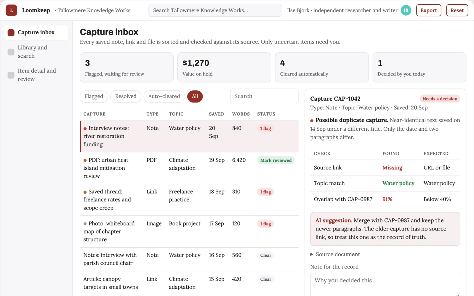 Screenshot of the Personal knowledge capture and retrieval workbench interactive demo