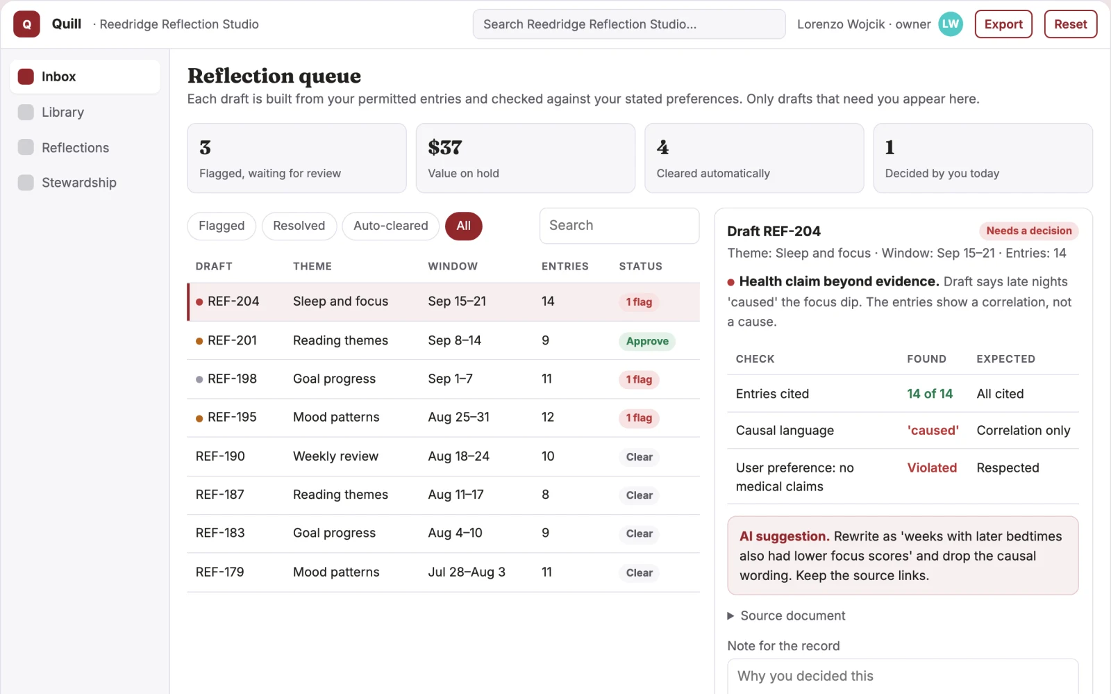Screenshot of the Personal thought capture and reflection library interactive demo