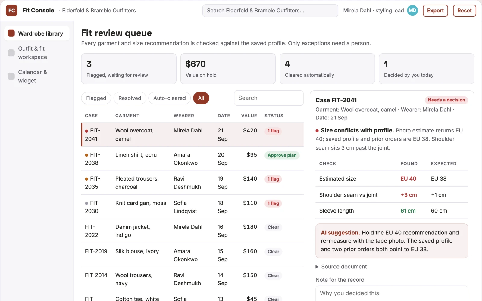 Screenshot of the Personal wardrobe styling and fit console interactive demo