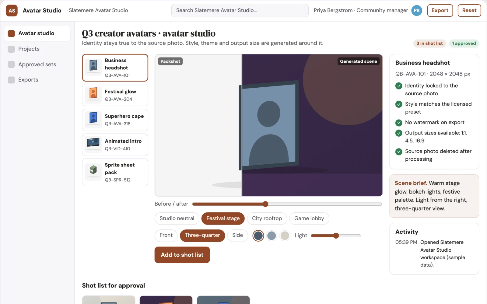Screenshot of the Personalized avatar production and review platform interactive demo