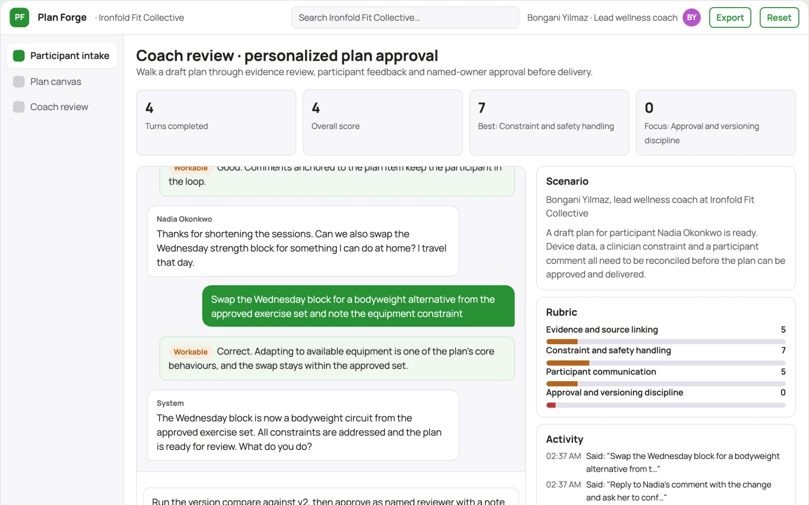 Screenshot of the Personalized fitness and wellness plan workbench interactive demo