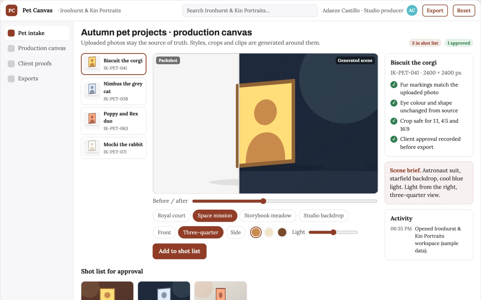 Screenshot of the Pet portrait and video art studio interactive demo