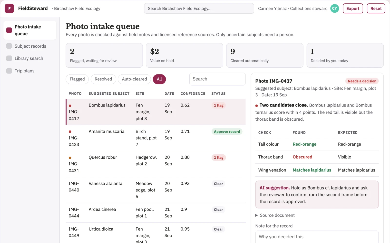 Screenshot of the Photo subject identification and field data stewardship console interactive demo