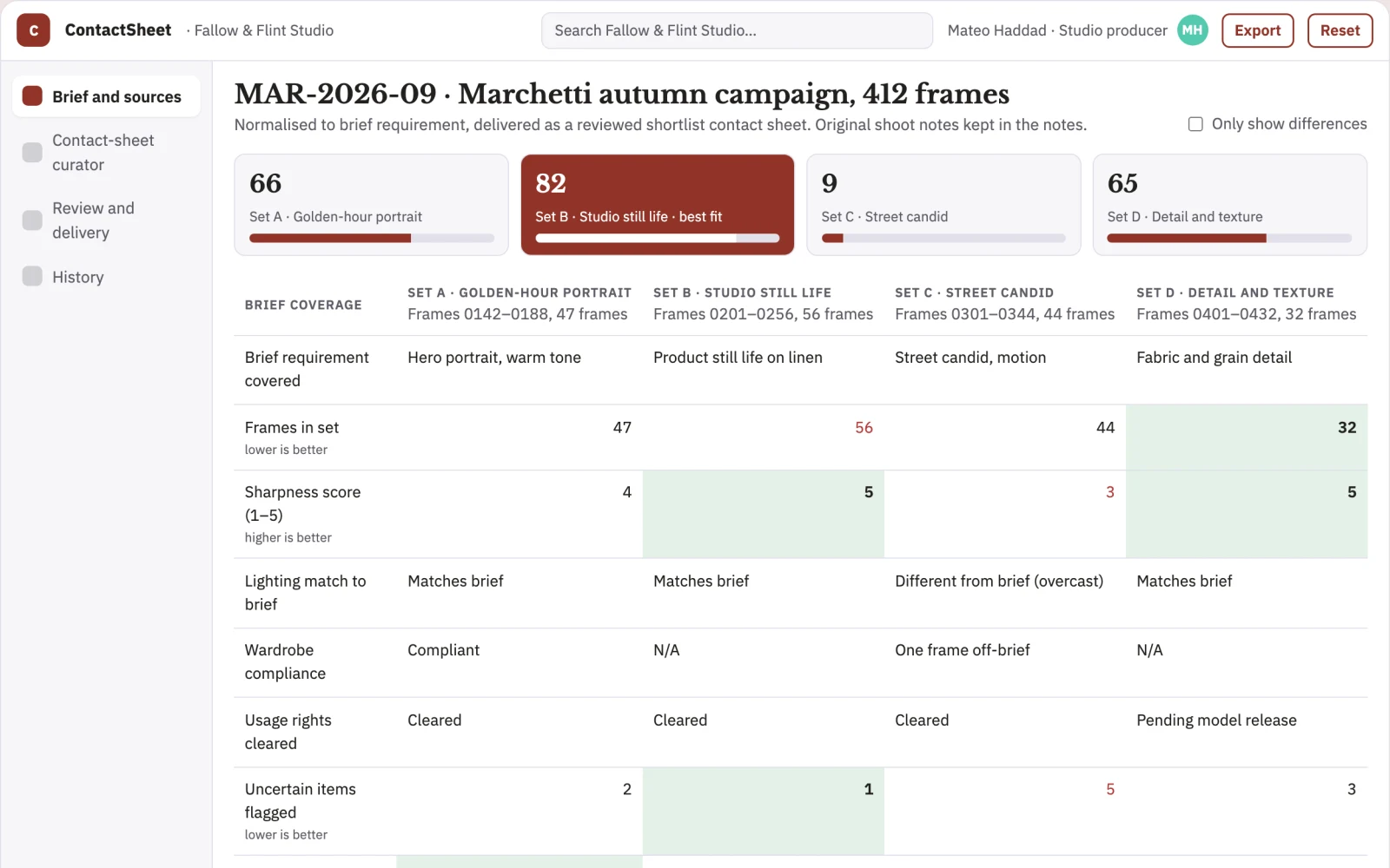 Screenshot of the Photography contact-sheet curator interactive demo