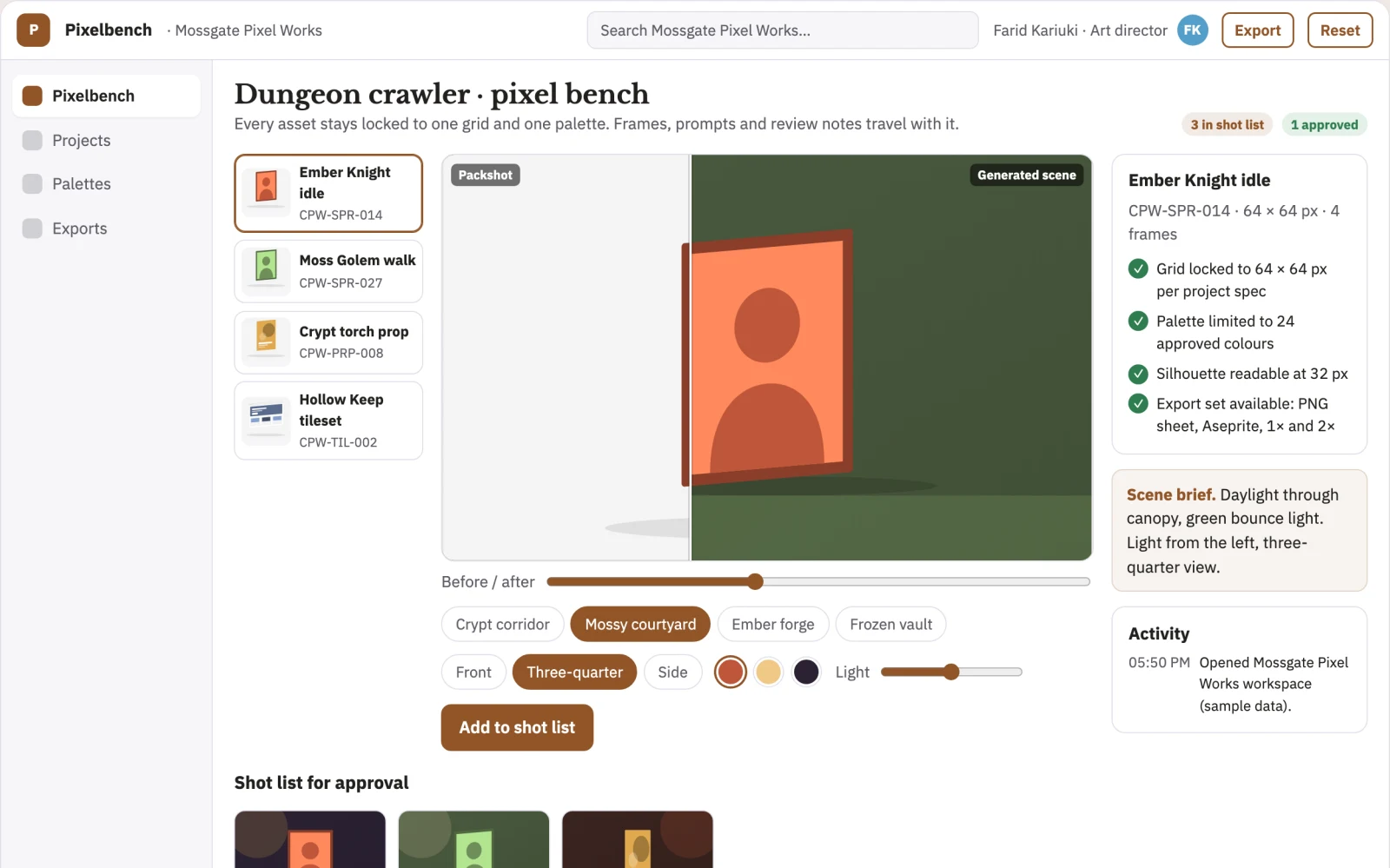 Screenshot of the Pixel art production and review workbench interactive demo