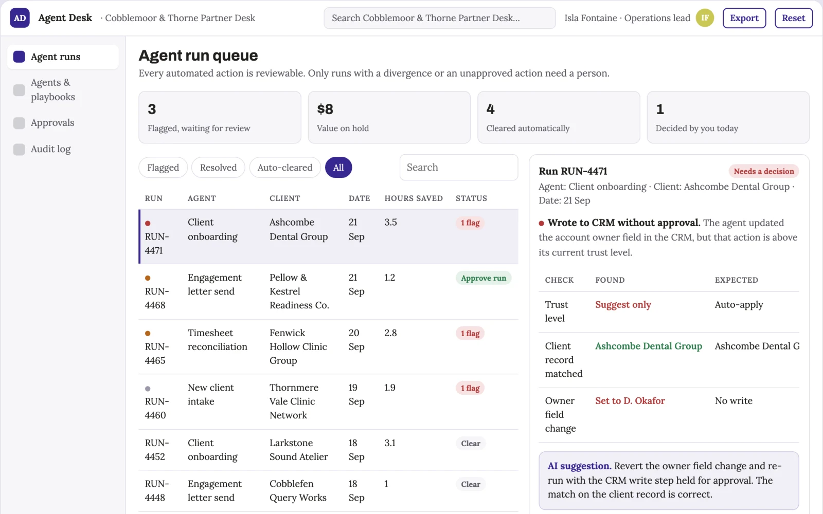 Screenshot of the Plain-language cross-app agent operations portal interactive demo