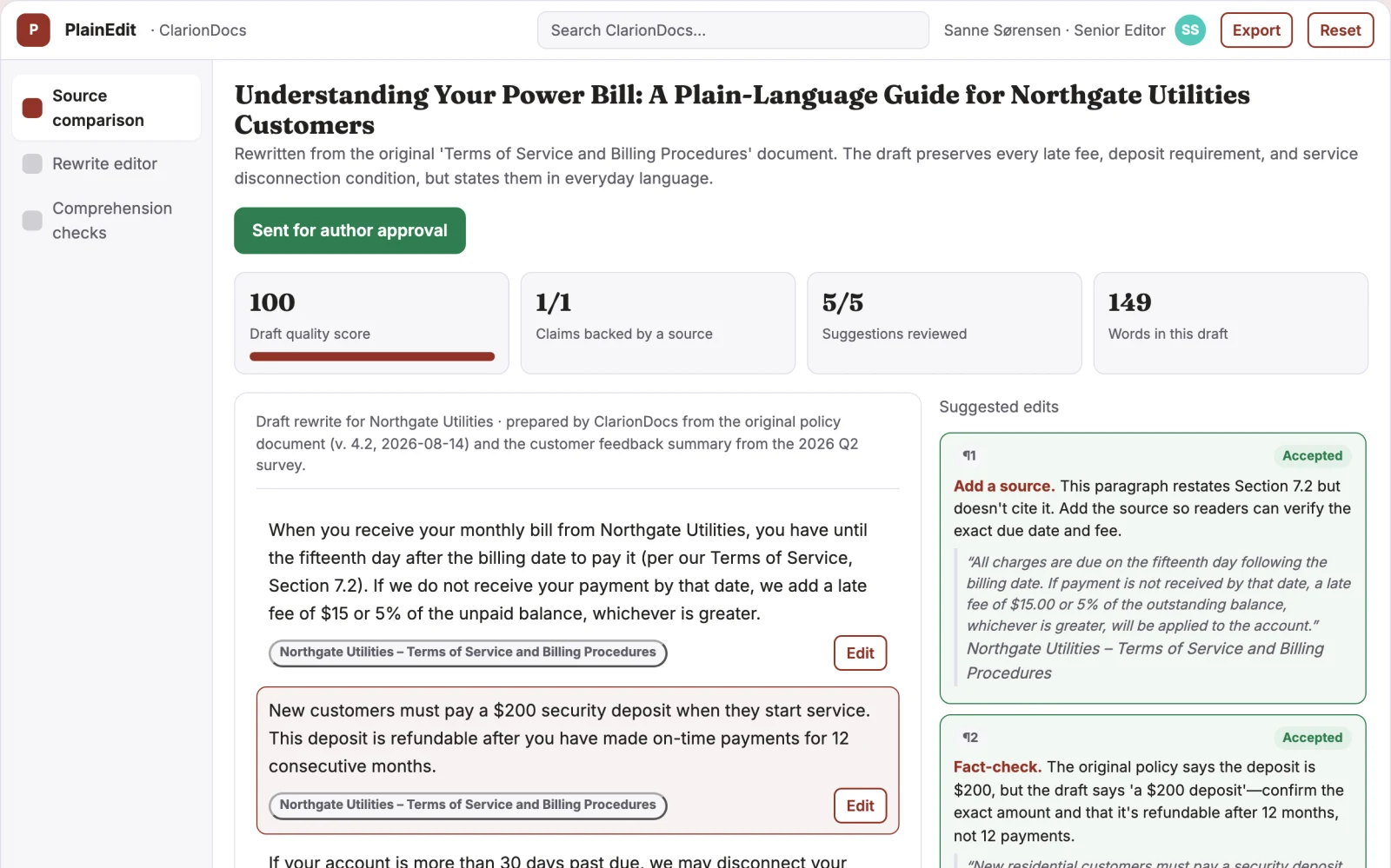 Demo screen of Plain-language editing service