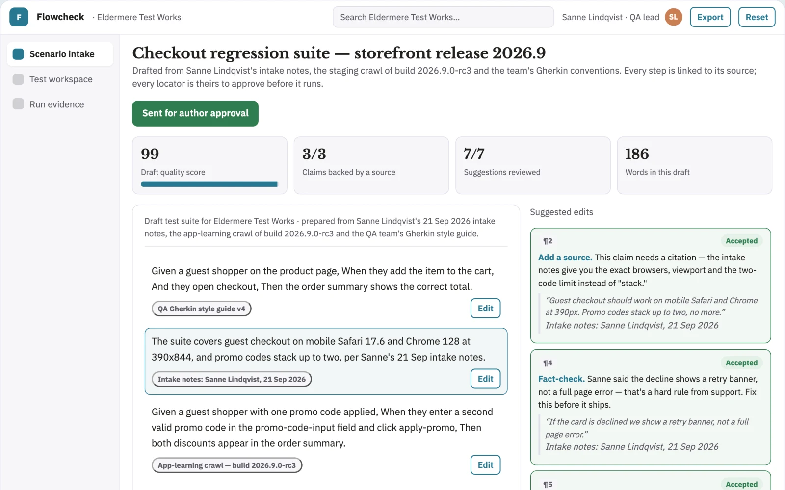 Screenshot of the Plain-language test generation and execution workspace interactive demo