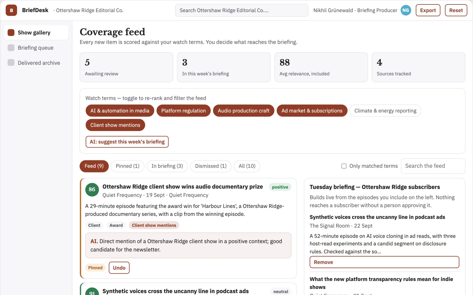 Screenshot of the Podcast episode summary and briefing subscription interactive demo