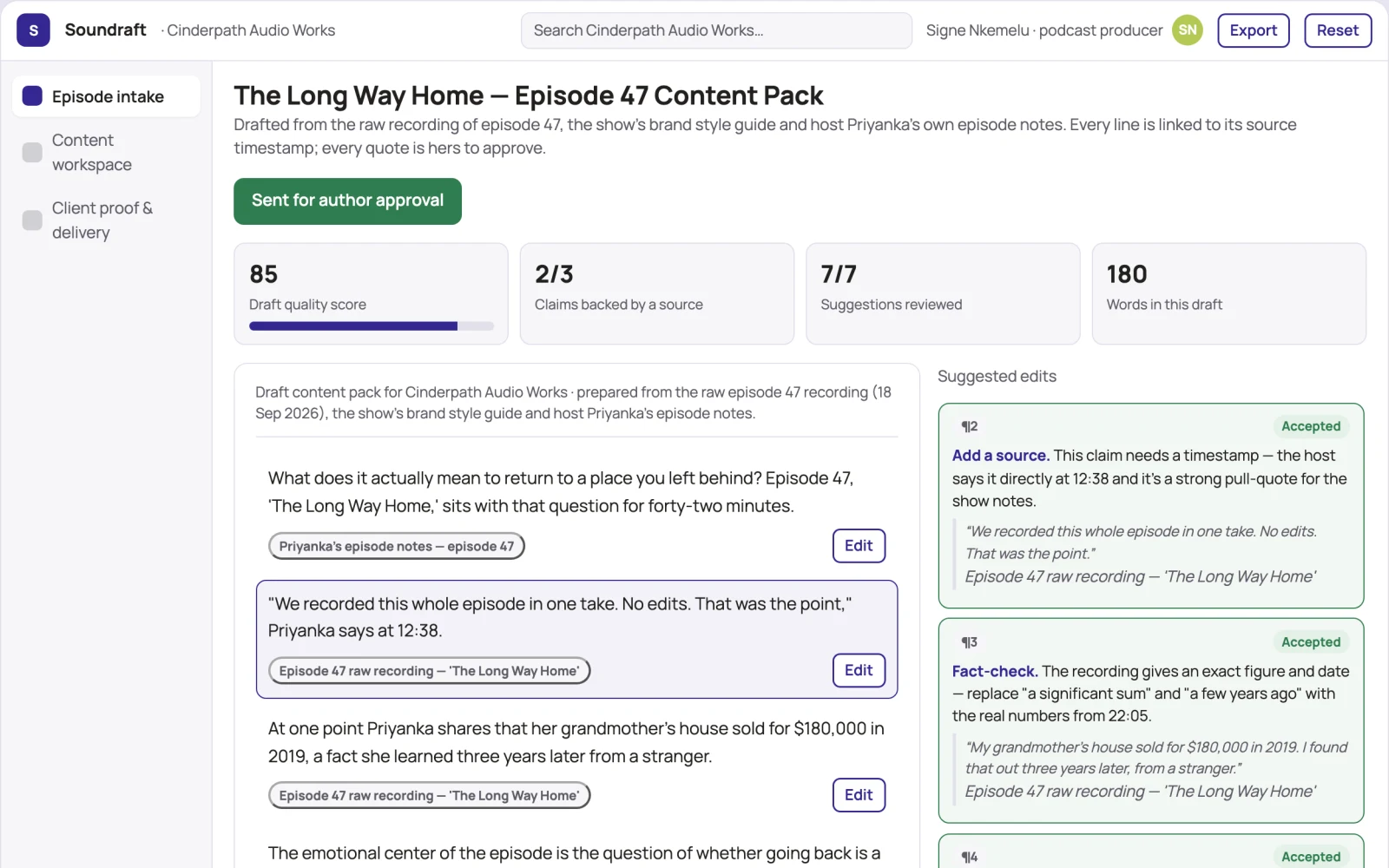 Screenshot of the Podcast episode to written content workspace interactive demo