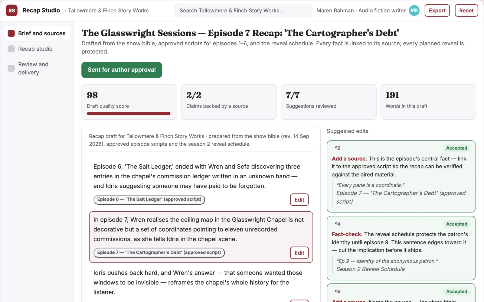 Screenshot of the Podcast fiction episode recap studio interactive demo