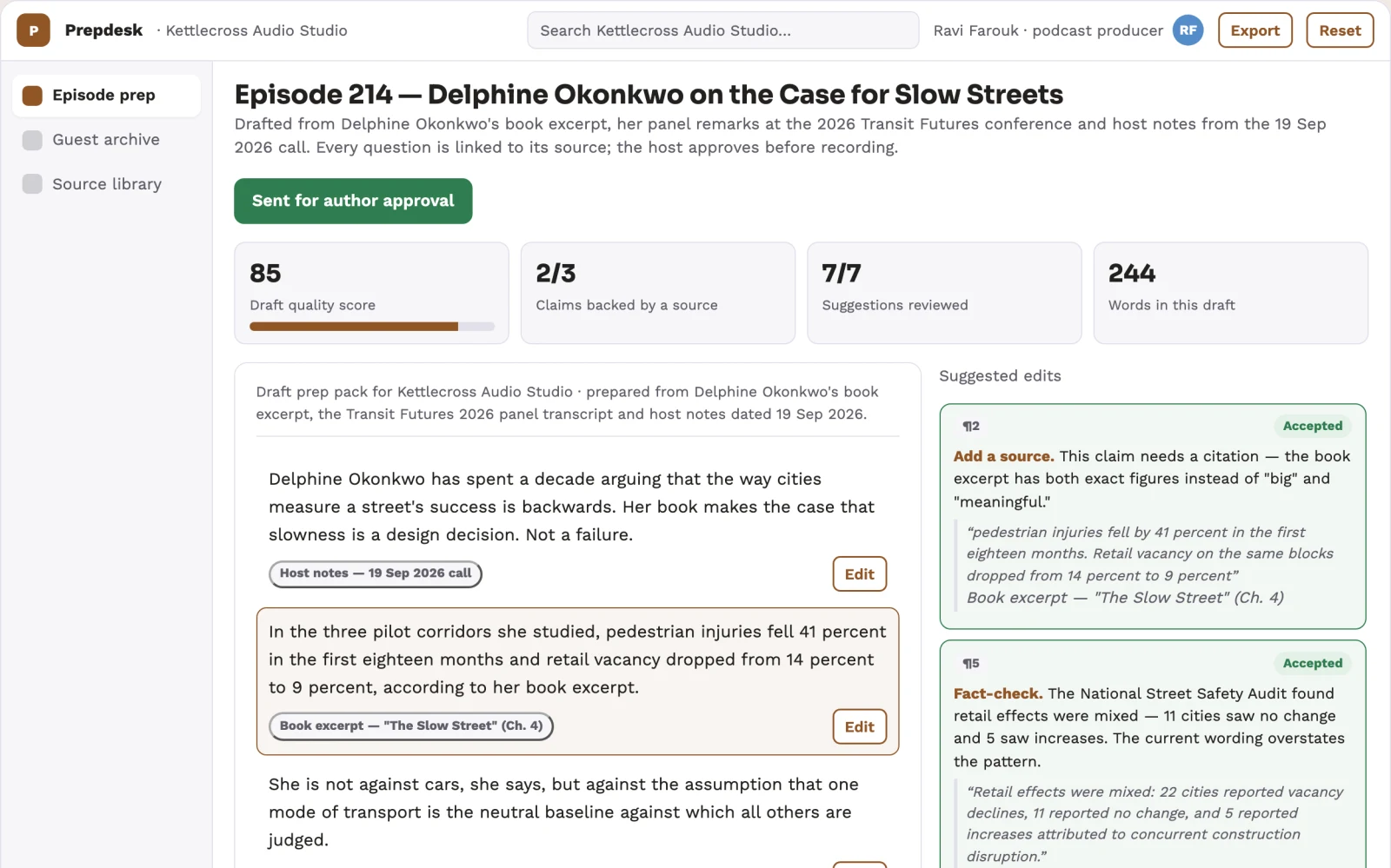 Screenshot of the Podcast guest research and episode prep workspace interactive demo